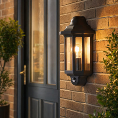 2X Lap Outdoor Half Lantern Wall Light With Pir Sensor - Satin Black Ip44 - image 1