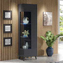 Furneo Grey Display Cabinet Storage Modern Glass Cupboard High Gloss & Matt Azzurro 12G Blue Led Lights - thumbnail 1