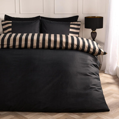 Ohs Stripe Edge Bedding Set Microfibre Duvet Cover With Pillowcase, Black/stone - Double - image 1