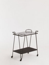 Orsina Grey Glass Bar Cart With Wheels, Two-Tier Drinks Trolley With Black Metal Frame, Mobile Serving Cart - thumbnail 4