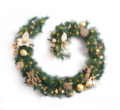 Best Artificial 6Ft Gold Decorated Christmas Garland Supplied With 50 Warm White Battery Lights Banister Fireplace Staircase - image 1