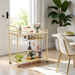 Vasagle Gold Bar Cart, Wine Serving Cart With 2 Mirrored Shelves, Wine And Holders, For Dining Room, Gold - thumbnail 1