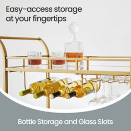 Vasagle Gold Bar Cart, Wine Serving Cart With 2 Mirrored Shelves, Wine And Holders, For Dining Room, Gold - thumbnail 3