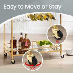 Vasagle Gold Bar Cart, Wine Serving Cart With 2 Mirrored Shelves, Wine And Holders, For Dining Room, Gold - thumbnail 4