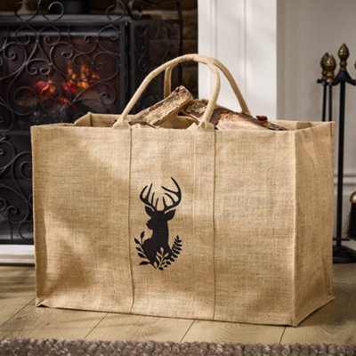Dibor Traditional Hazelwood Stag Hessian Firewood Log Storage Jute Bag - image 1