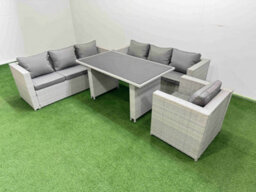 Fimous Patio Garden Furniture Sets With Black Glass Top Dining Table 3 Seater Sofa Armchair Light Grey - thumbnail 2