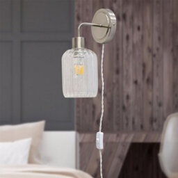 First Choice Lighting Toby - Satin Nickel Plug In Wall Light With Lozenge Ribbed Glass Shade - thumbnail 3
