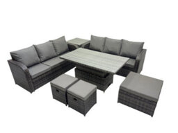 Fimous Rattan Garden Furniture Set 9-Seater Patio Height Adjustable Rising Lifting Table Sofa Set With Side Table 3 Footstools - thumbnail 2