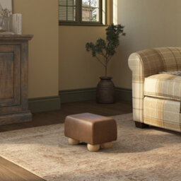 Tan Beige Natural Wood Bun Feet Italian Leather Small Footstool  Handmade Uk By Footstools Direct - thumbnail 1