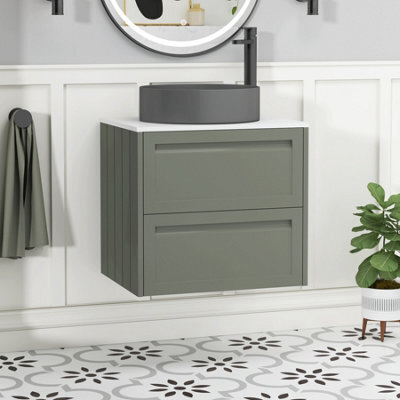 Royal Bathrooms Royal Bathroom Elmore 600mm Matt Green Wall Mounted Bathroom Vanity Unit 2 Drawer Plain White Worktop With Art Round Basin - image 1