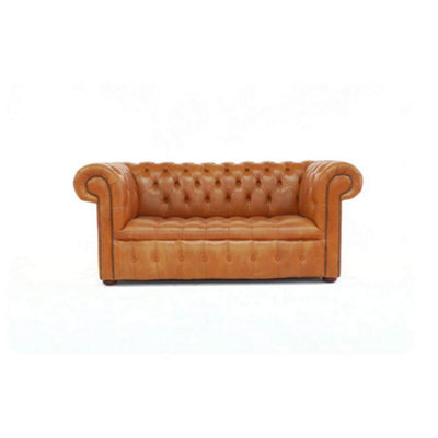 Chesterfield 2 Seater Buttoned Seat Sofa Old English Tan Real Leather In Classic Style - image 1