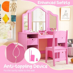 Costway 2-In-1 Kids Dressing Table & Chair Set Vanity Table Desk W/ Removable Mirrors - thumbnail 8