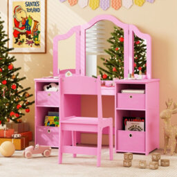 Costway 2-In-1 Kids Dressing Table & Chair Set Vanity Table Desk W/ Removable Mirrors - thumbnail 4