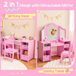 Costway 2-In-1 Kids Dressing Table & Chair Set Vanity Table Desk W/ Removable Mirrors - thumbnail 5