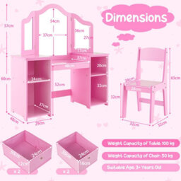 Costway 2-In-1 Kids Dressing Table & Chair Set Vanity Table Desk W/ Removable Mirrors - thumbnail 2