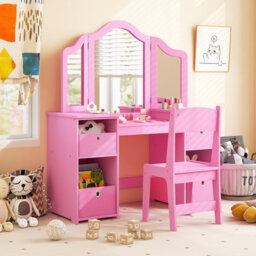 Costway 2-In-1 Kids Dressing Table & Chair Set Vanity Table Desk W/ Removable Mirrors - thumbnail 3