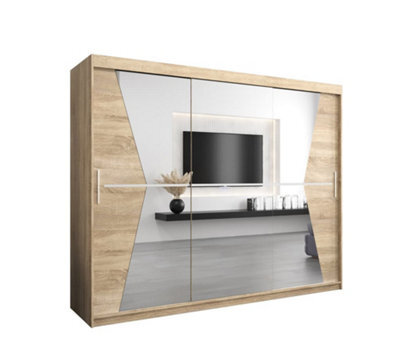 Arte Morocco Contemporary 3 Mirrored Sliding Door Wardrobe 9 Shelves 2 Rails Oak Sonoma Effect (H)2000mm (W)2500mm (D)620mm - image 1