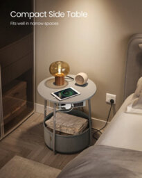 LEDREM Side Table With Charging Station, Round End Table With Power Outlets, Usb Ports, Fabric Basket,  Dove Grey And Slate Grey - thumbnail 6