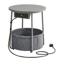LEDREM Side Table With Charging Station, Round End Table With Power Outlets, Usb Ports, Fabric Basket,  Dove Grey And Slate Grey - thumbnail 2
