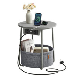 LEDREM Side Table With Charging Station, Round End Table With Power Outlets, Usb Ports, Fabric Basket,  Dove Grey And Slate Grey - thumbnail 3