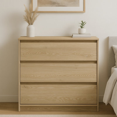 Impact Furniture Chest Of Drawers Storage Cabinet 3 Drawer Unit Handleless White Washed Light Oak Effect Scandi Mana - image 1