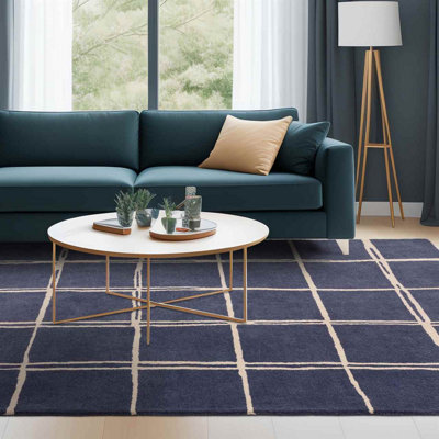 Blue Chequered Wool Modern Shaggy Handmade Rug For Living Room Bedroom & Dining Room-160Cm X 230Cm - image 1