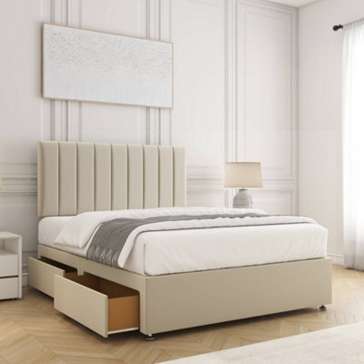 Bsspoke Aria Divan Bed Set Cream Plush Velvet With 24Inch Panel Headboard & Mattress & 2 Drawers Same Side 3Ft 4Ft 4Ft6 5Ft 6Ft - image 1