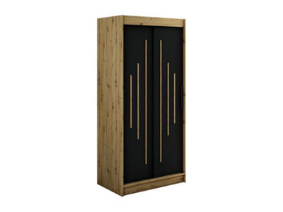 Arte Leto Y Contemporary 2 Sliding Door Wardrobe 5 Shelves 2 Rails Black Matt And Oak Effect (H)2000mm (W)1000mm (D)620mm - image 1