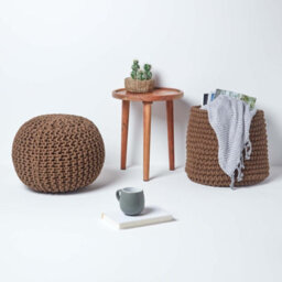 Homescapes Chocolate Brown Round Cotton Knitted Pouffe Footstool - thumbnail 6
