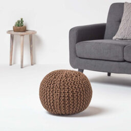Homescapes Chocolate Brown Round Cotton Knitted Pouffe Footstool - thumbnail 2