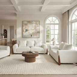 Wyld And Coco Novahome 6-Seater White Boucle Sofa Set With Armrests And Rubberwood Legs - thumbnail 2