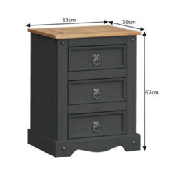 Bedside Cabinet Charcoal Dark Grey 3 Drawer Large Table Solid Wood Pine - thumbnail 2