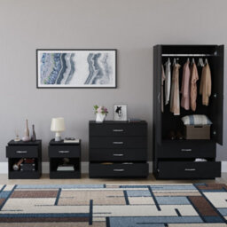 Lassic Vida Designs Riano 4 Piece Bedroom Set (1 Drawer Bedside Chest, 4 Drawer Chest, 2 Door 2 Drawer Wardrobe), Black - thumbnail 2