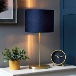 Litecraft Oval Brass Stick Table Lamp With Blue Velvet Shade