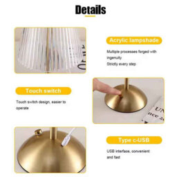Touch Sensor Led Table Lamp Rechargeable 3 Color Adjustable Bedside Light Golden - thumbnail 4