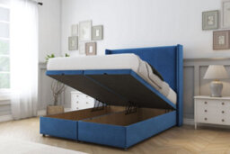 "Comfort Madrid Navy Plush Ottoman Bed With Mattress With 54"" Wingback Headboard 5' King" - thumbnail 2