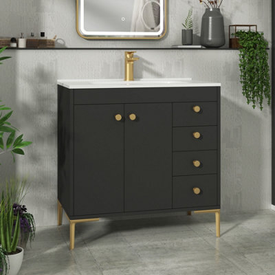 Royal Bathrooms Verona 800mm Matt Black Floor Standing Bathroom Vanity Unit 2 Door, 4 Drawer Cabinet With Ceramic Basin & Brushed Brass Knob - image 1