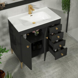 Royal Bathrooms Verona 800mm Matt Black Floor Standing Bathroom Vanity Unit 2 Door, 4 Drawer Cabinet With Ceramic Basin & Brushed Brass Knob - thumbnail 6