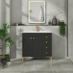 Royal Bathrooms Verona 800mm Matt Black Floor Standing Bathroom Vanity Unit 2 Door, 4 Drawer Cabinet With Ceramic Basin & Brushed Brass Knob - thumbnail 5