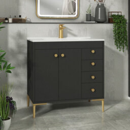 Royal Bathrooms Verona 800mm Matt Black Floor Standing Bathroom Vanity Unit 2 Door, 4 Drawer Cabinet With Ceramic Basin & Brushed Brass Knob