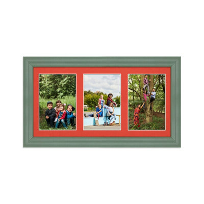 AK Frames 40X20Cm Green Classic Multi Photo Frame With Poppy Red Mount - Holds 3 Apertures (3X) 6X4 Photos - image 1