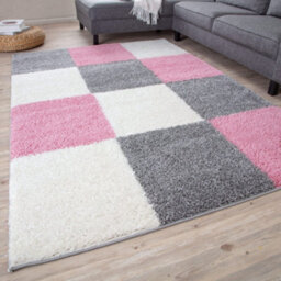 The Rugs Pink Grey And Ivory Soft Checkerboard Design Fluffy Shaggy Rugs And Runners High Pile Living Room Kitchen Hallway 381 - thumbnail 2