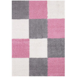 The Rugs Pink Grey And Ivory Soft Checkerboard Design Fluffy Shaggy Rugs And Runners High Pile Living Room Kitchen Hallway 381 - thumbnail 1