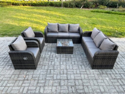 Fimous High Back Rattan Garden Furniture Set With Square Coffee Table Patio Lounge Sofa Set Dark Grey Mixed - thumbnail 2