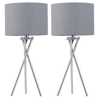 First Choice Lighting Set Of 2 Chrome Tripod Table Lamps With Grey Cotton Shades - image 1