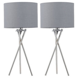 First Choice Lighting Set Of 2 Chrome Tripod Table Lamps With Grey Cotton Shades - thumbnail 1