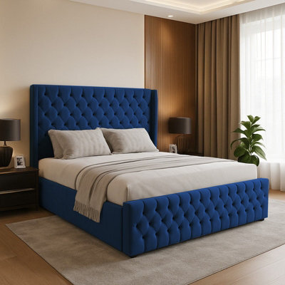 Adore Designs Chesterfield Winged Plush Velvet Ottoman Storage Bed, With Footboard - 4Ft6 Double - Blue - image 1