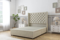 "Sloomy Dior Cream Plush Divan Bed Base 2 Drawers Foot-End With 54"" Wingback Headboard 4' Small Double"