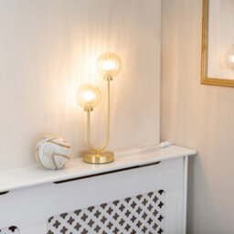 Valuelights Chessy Gold Metal Bar 2 Way Dual Table Lamp With Amber Ribbed Glass Globe Shades - Led Bulbs Included