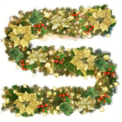 Amorly Pre Lit Artificial Christmas Garland 9Ft, Battery Operated Led Rattan Vine With Gold Flower Decor, Indoor Outdoor Festive Ornament - image 1